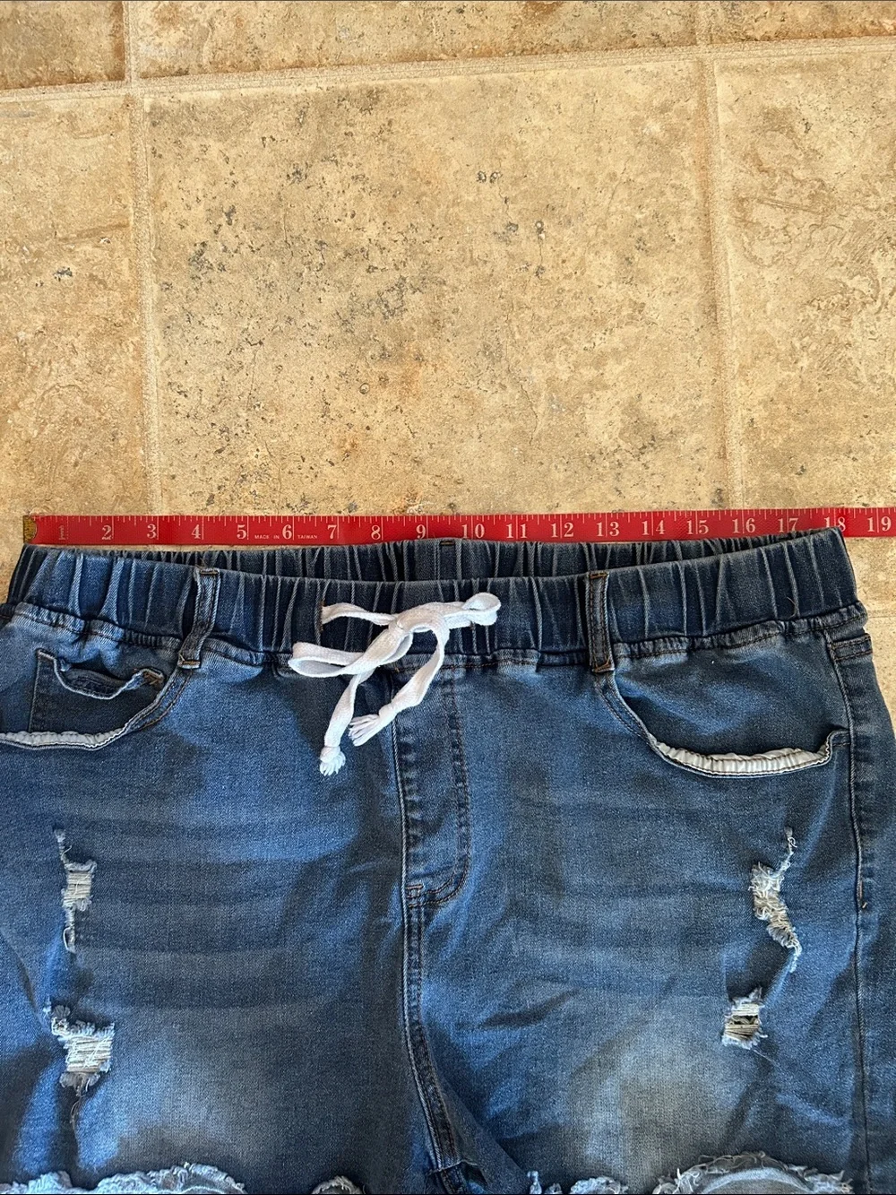 SHEIN Dark Blue Distressed Drawstring Jean Shorts